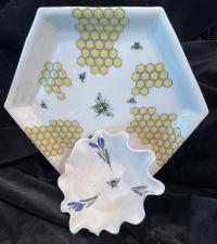 Lg Bee Honeycomb Octagonal Plate w/Blue Tulip Bowl by THERESA HOWARD