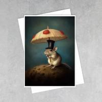 Gentleman Mouse with Mushroom Umbrella Card by LESLEY FISHER