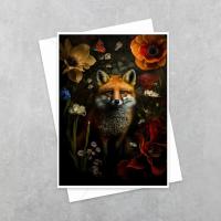 Red Fox Hiding in Flowers Card by LESLEY FISHER